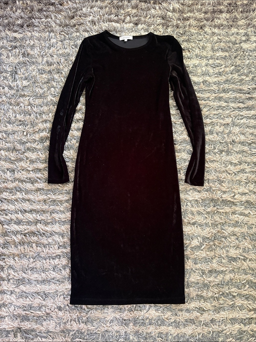Sleek Black Velvet Long-Sleeve Midi Dress Size S New!